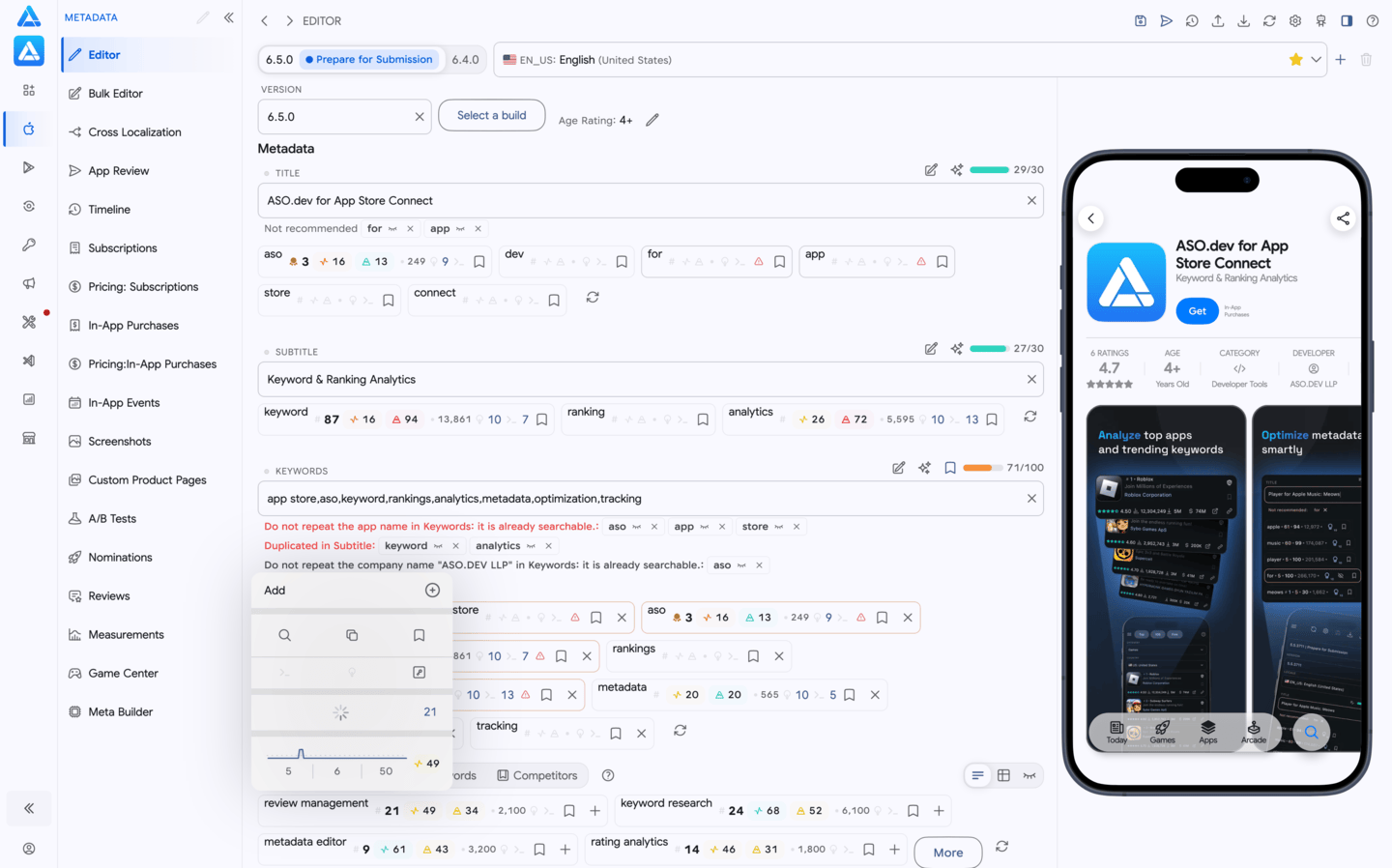 ASO.dev 智能 App Store 元数据编辑器