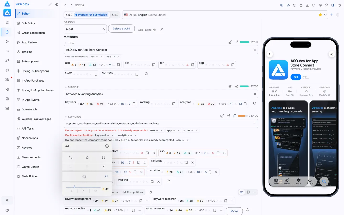 ASO.dev 智能 App Store 元数据编辑器