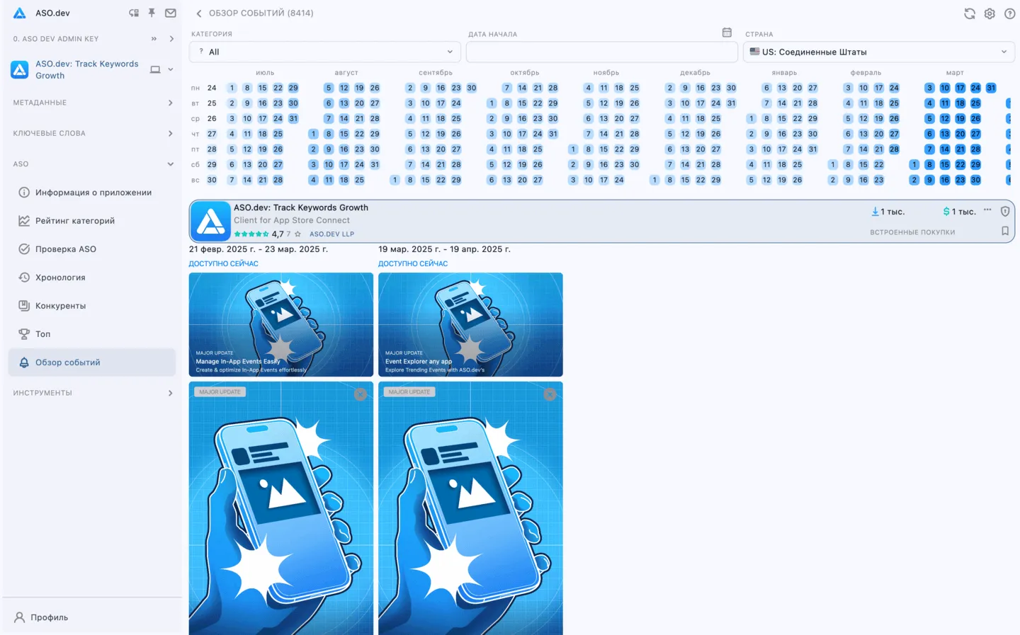 Обзор событий в приложениях