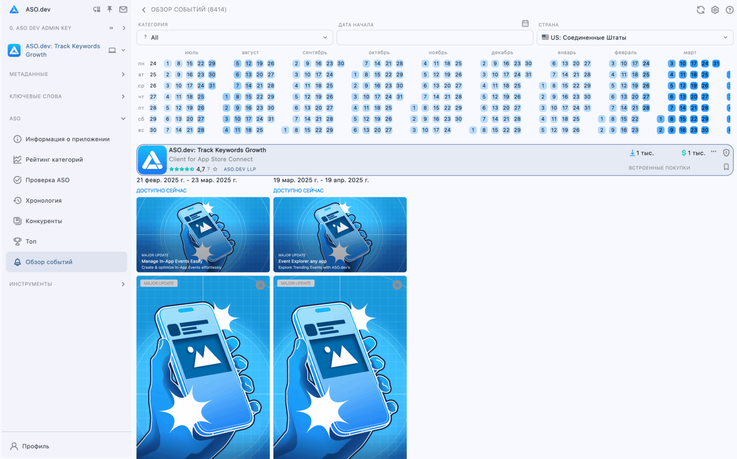 Обзор событий в приложениях