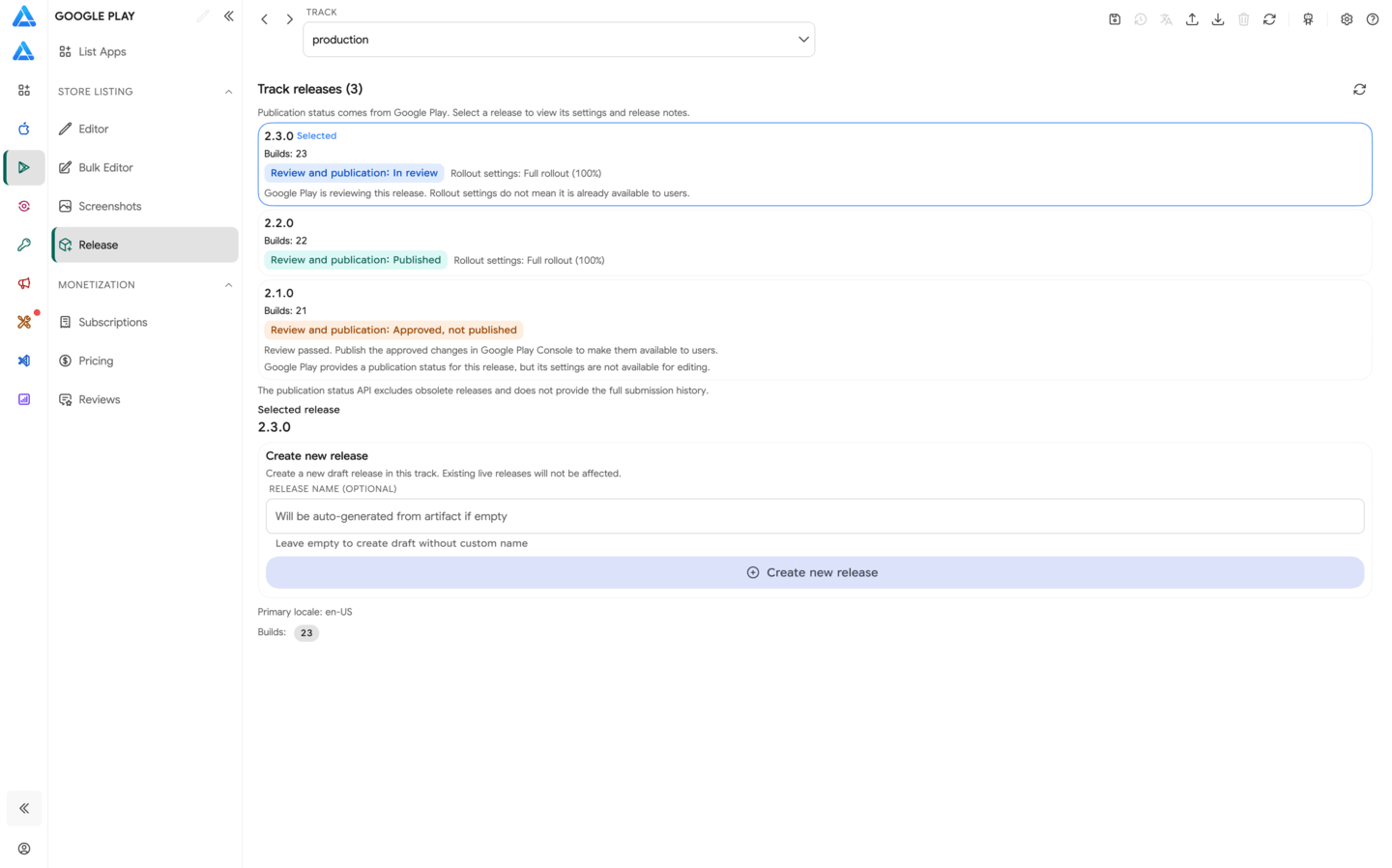 Google Play releases and publication statuses
