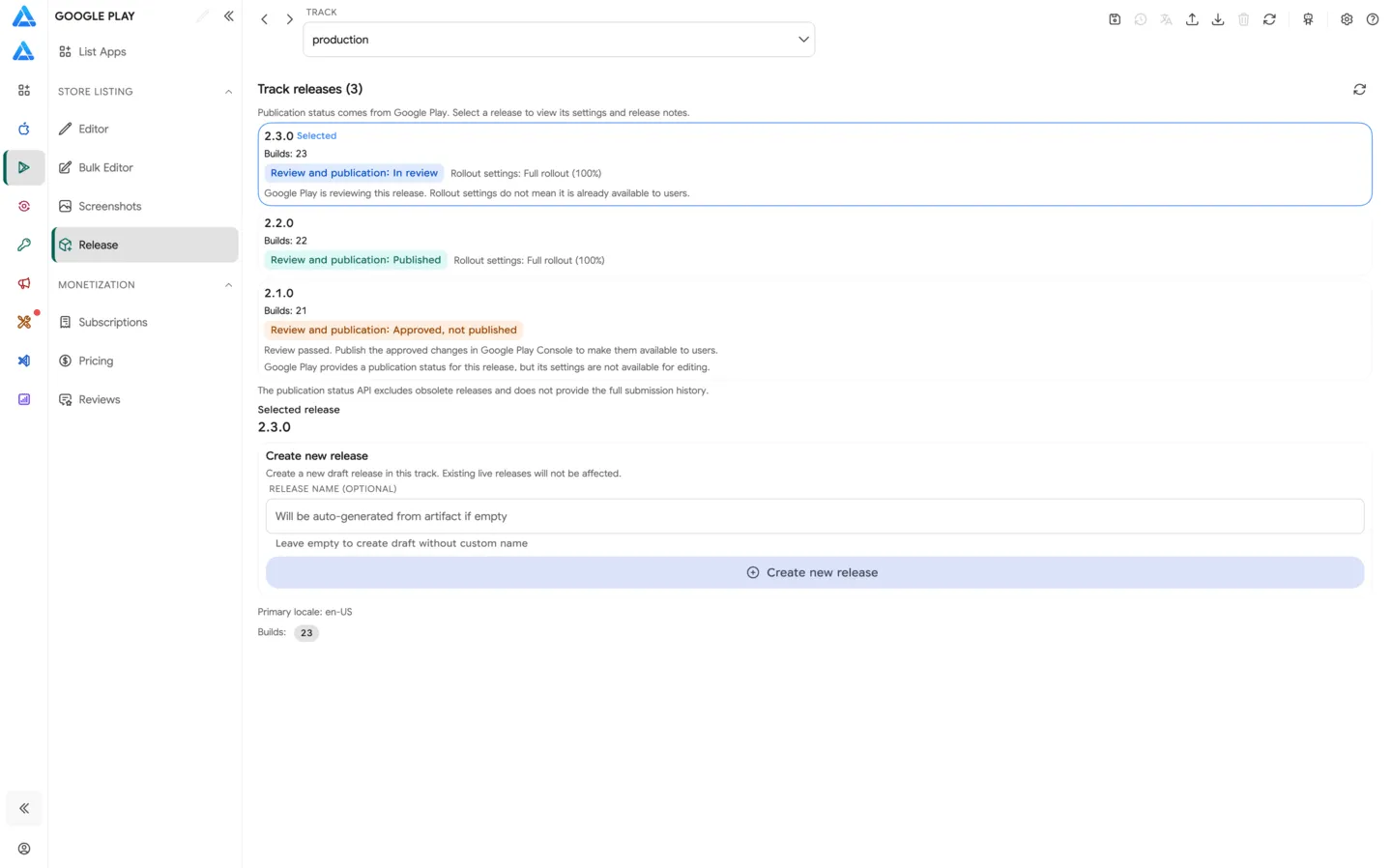 Google Play releases and publication statuses
