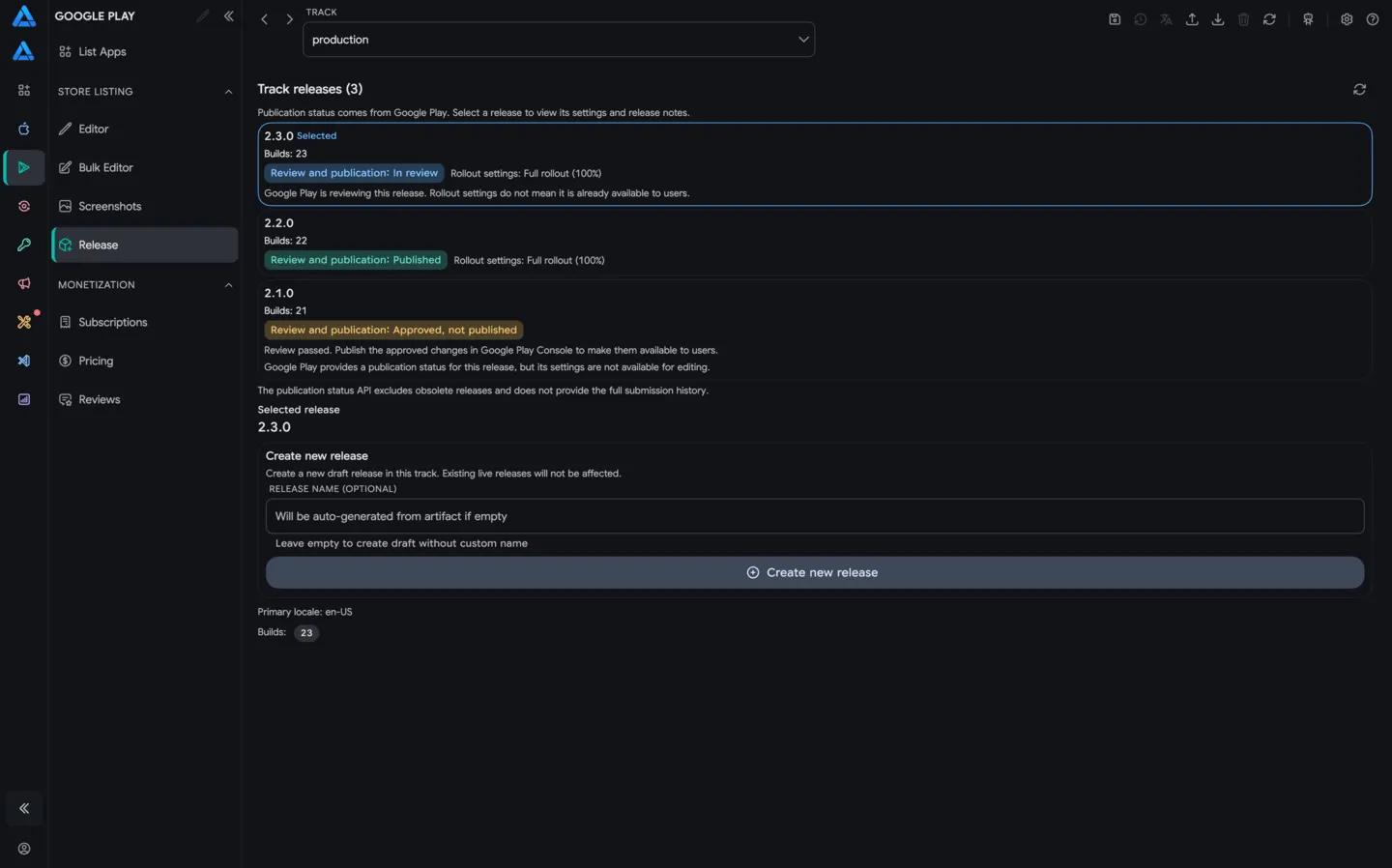 Google Play releases and publication statuses