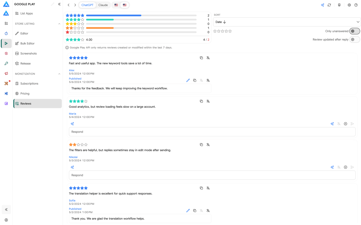Google Play review replies