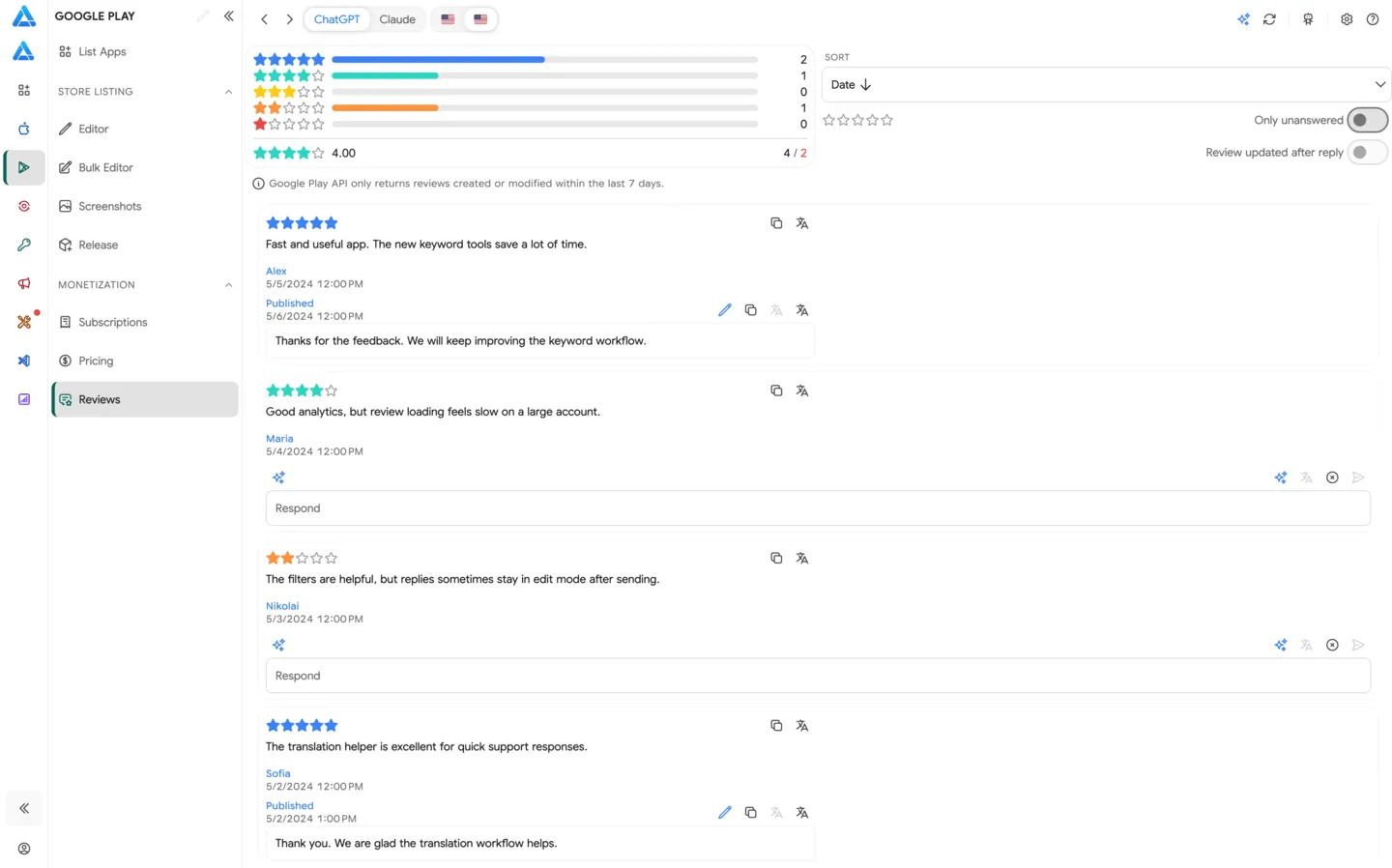 Google Play review replies