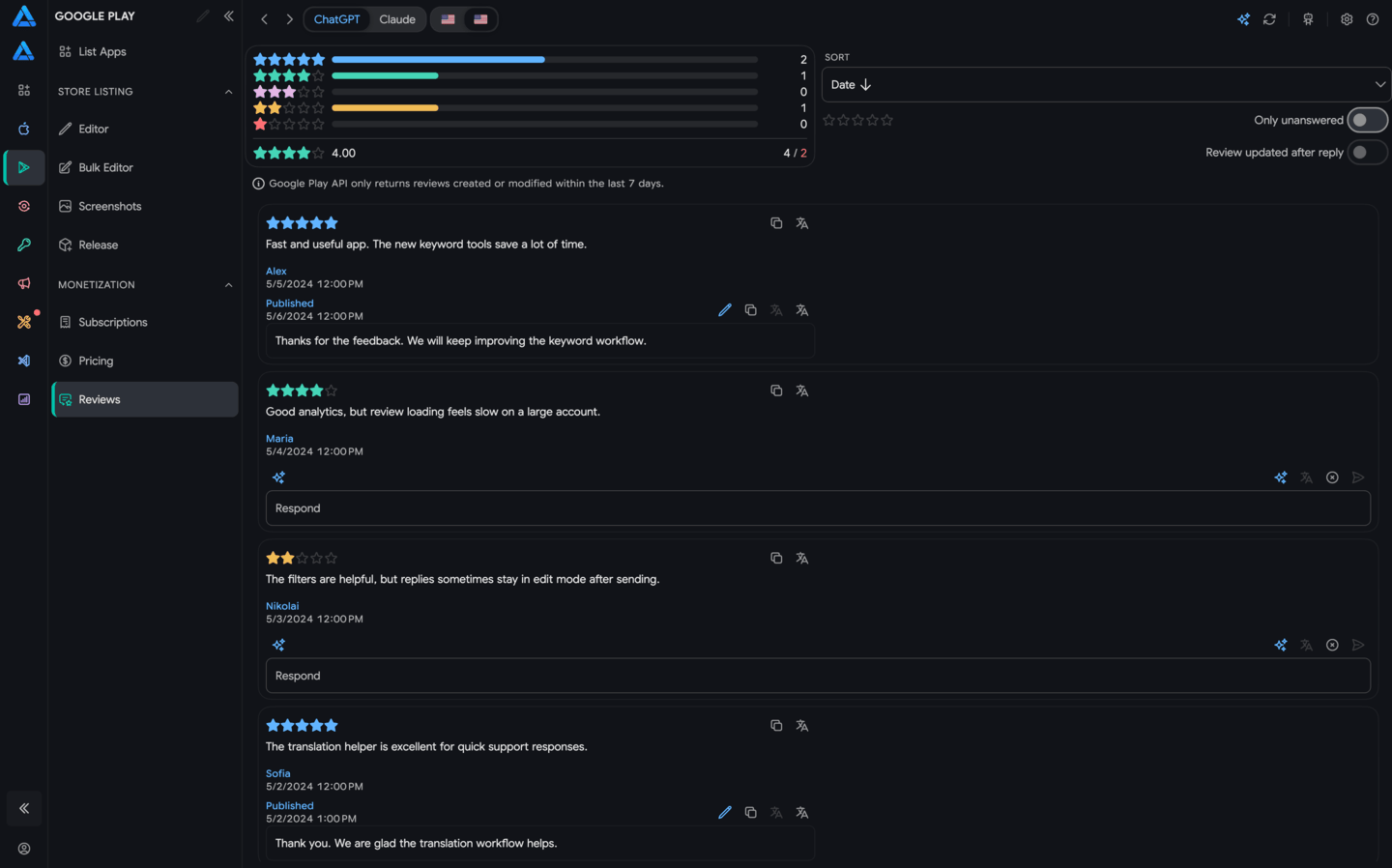 Google Play review replies