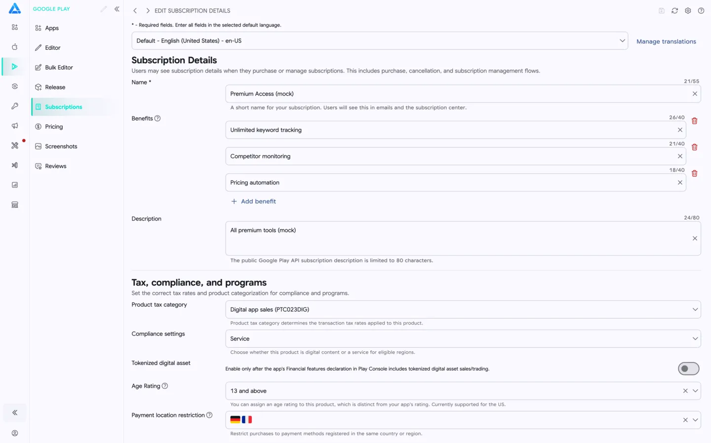 Google Play subscription details