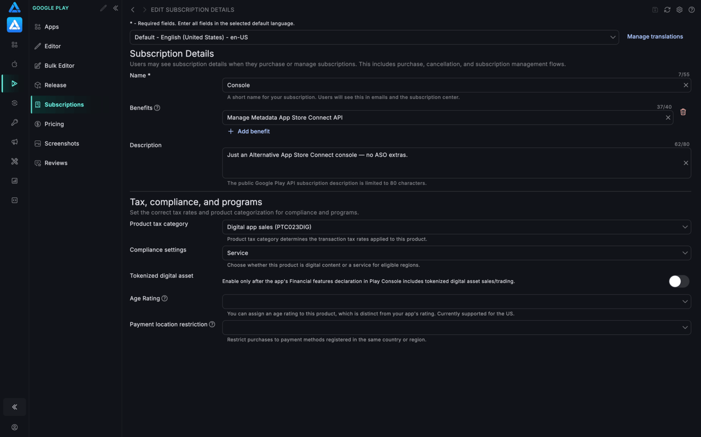 Google Play subscription details
