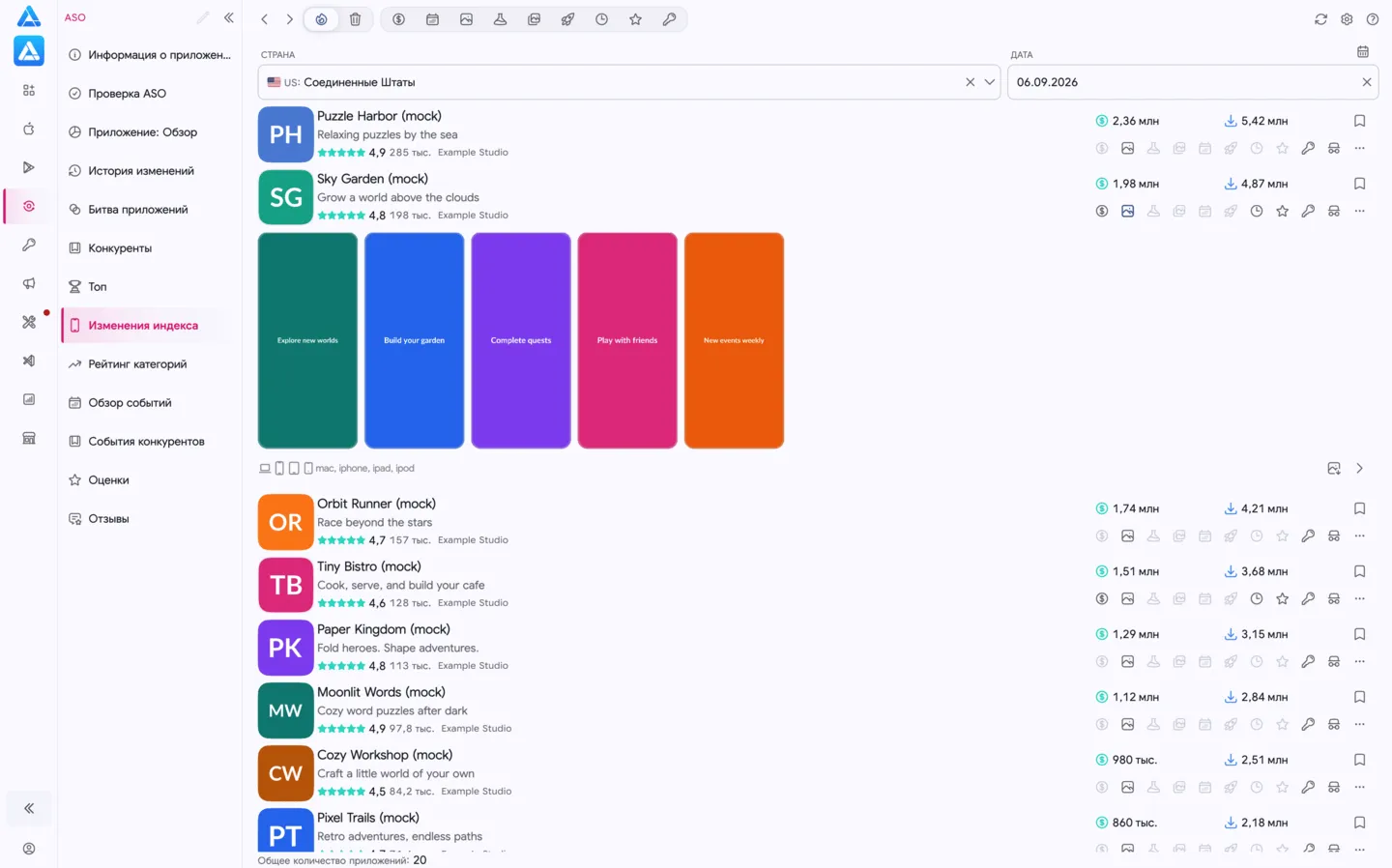 Изменения индекса App Store Connect
