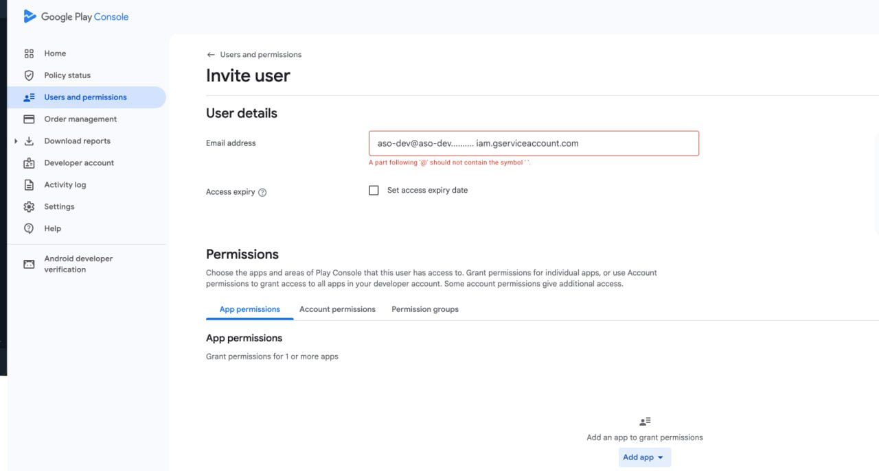 Приглашение пользователя в Google Play Console