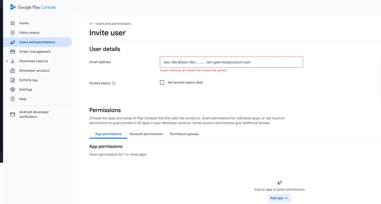 Приглашение пользователя в Google Play Console