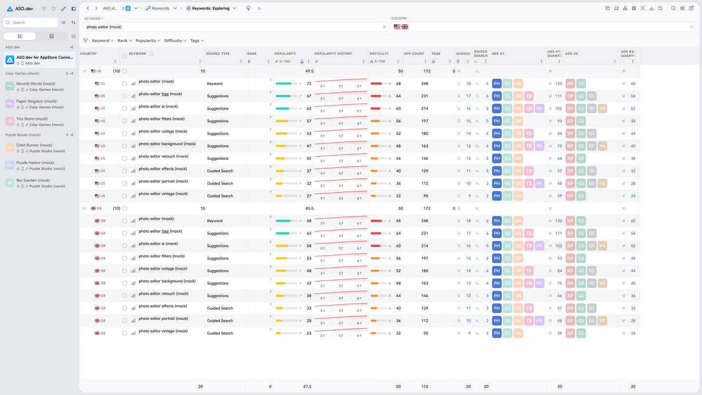 App Store suggestions and guided keyword-list expansion in ASO.dev