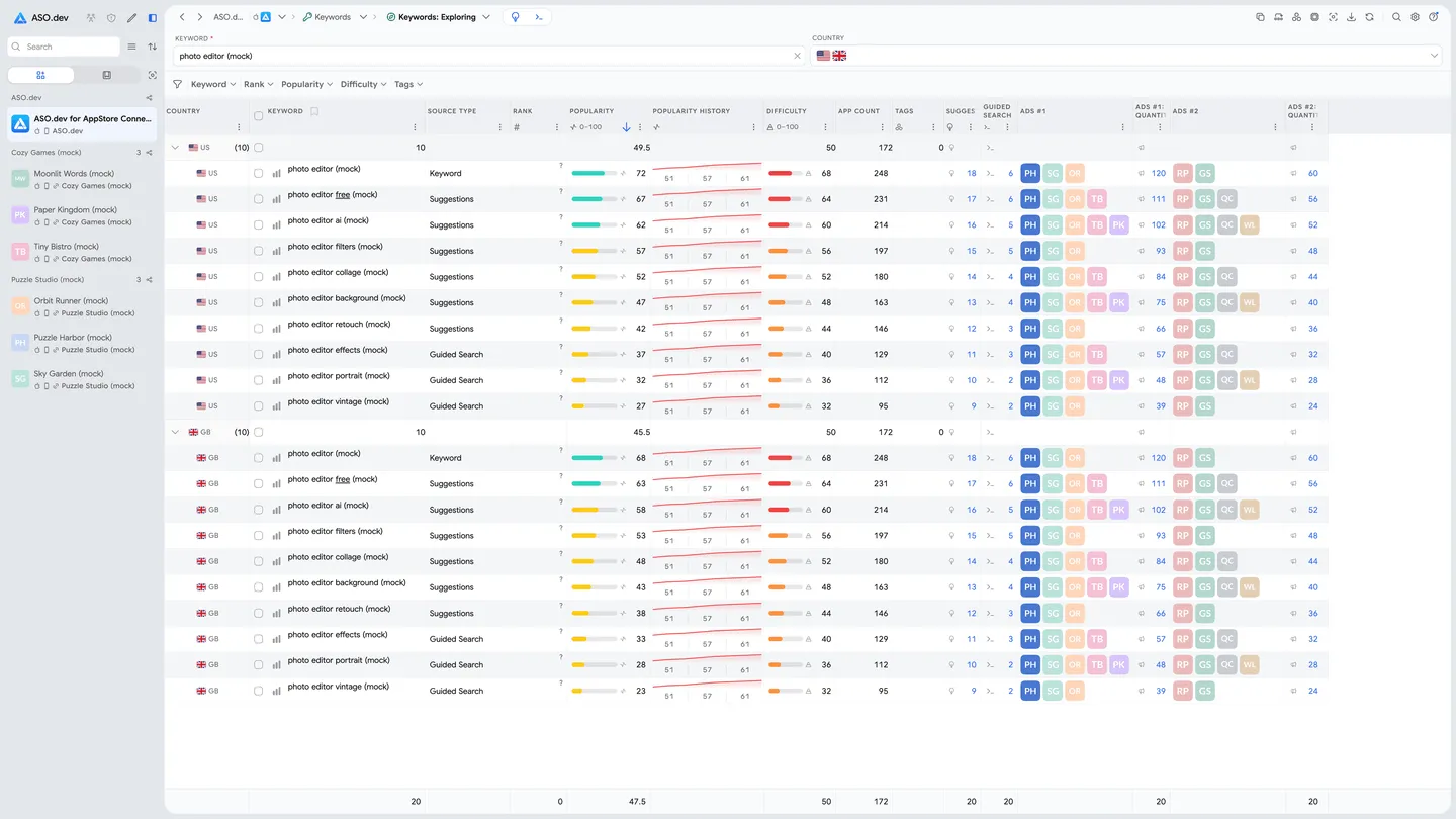 App Store suggestions and guided keyword-list expansion in ASO.dev