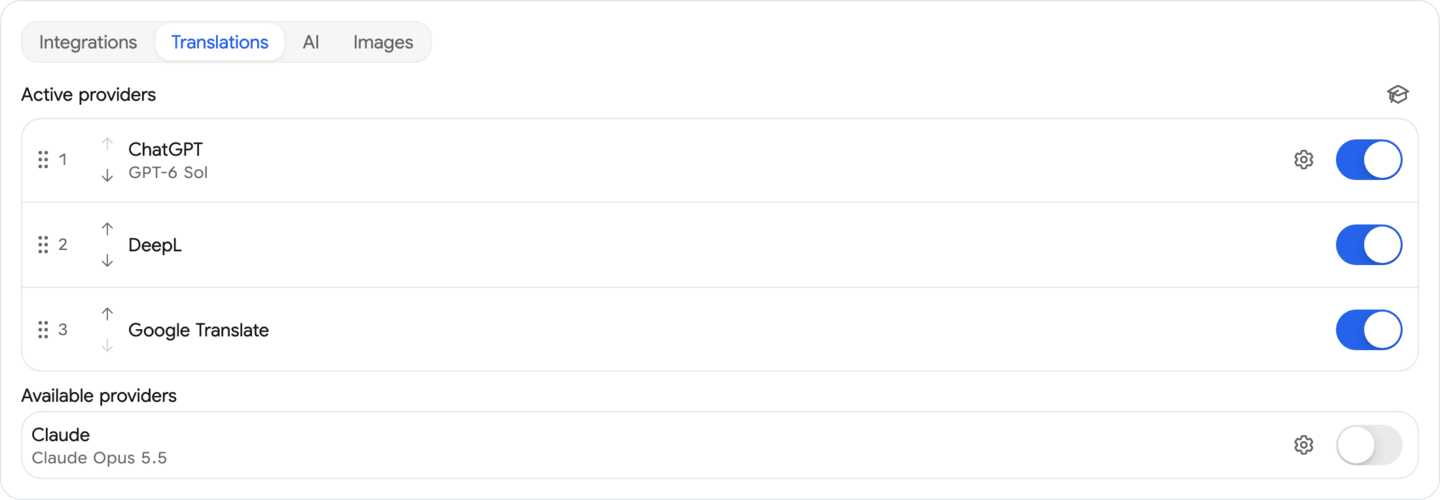 Localization Providers Settings