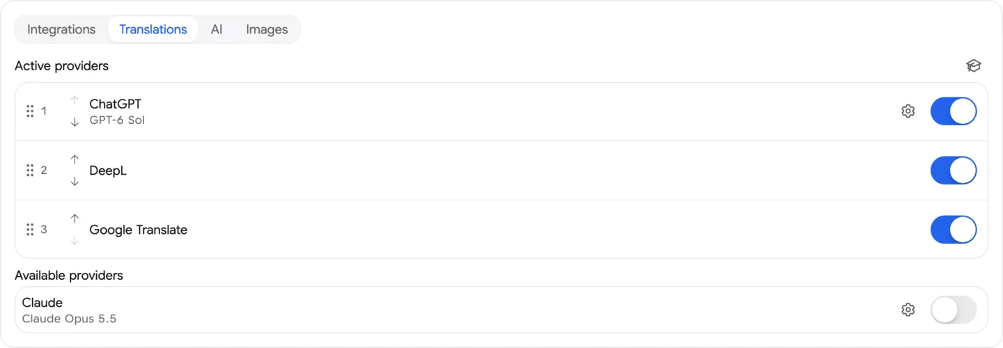 Localization Providers Settings