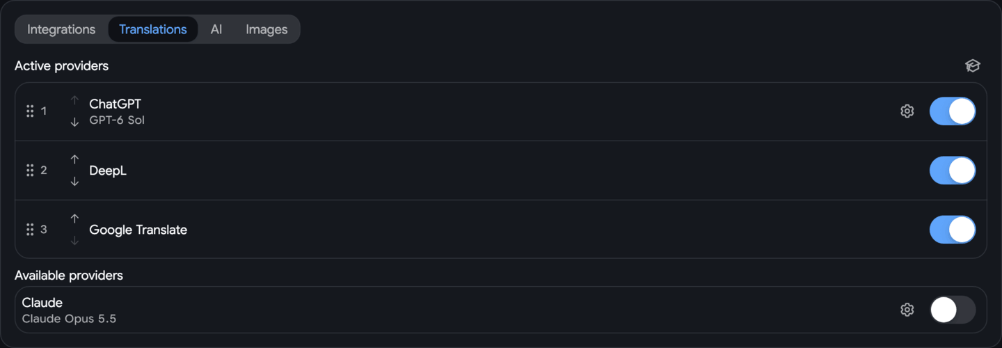 Localization Providers Settings