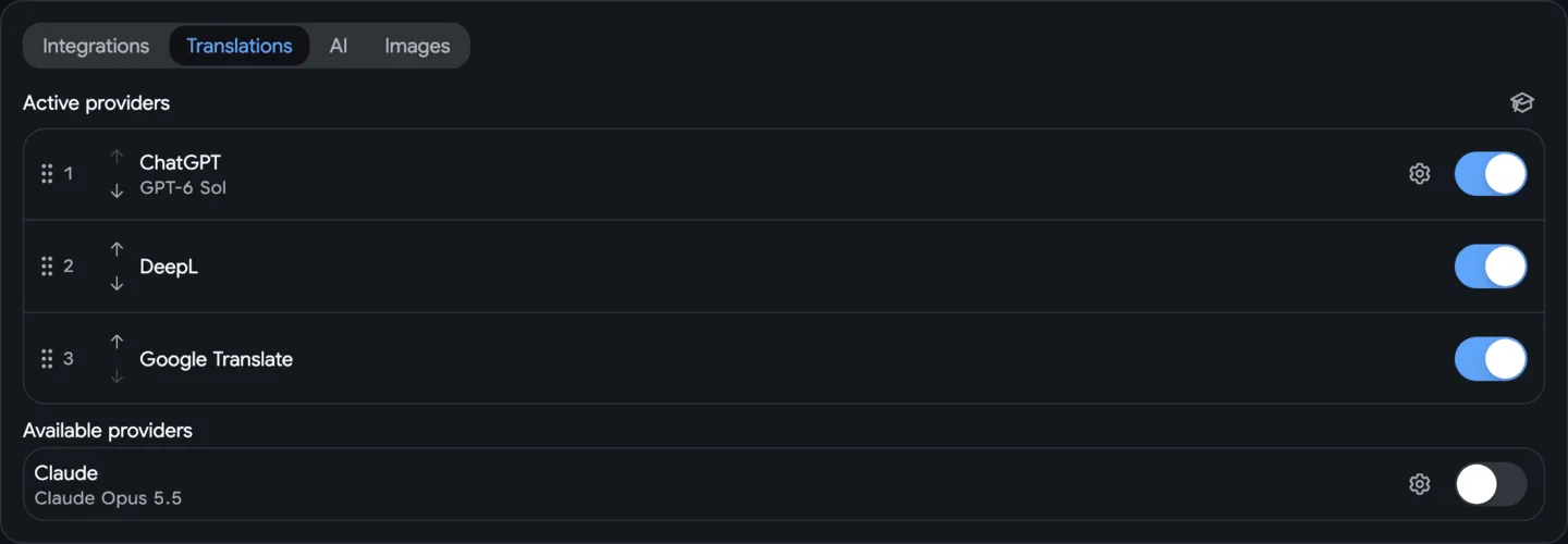 Localization Providers Settings