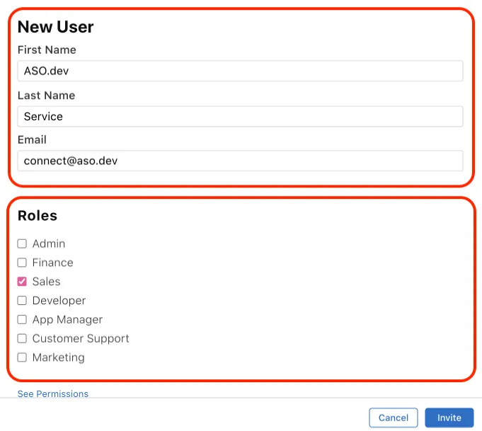 AppStore Connect. Учетные данные нового пользователя