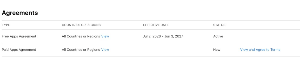 New Paid Apps Agreement in App Store Connect