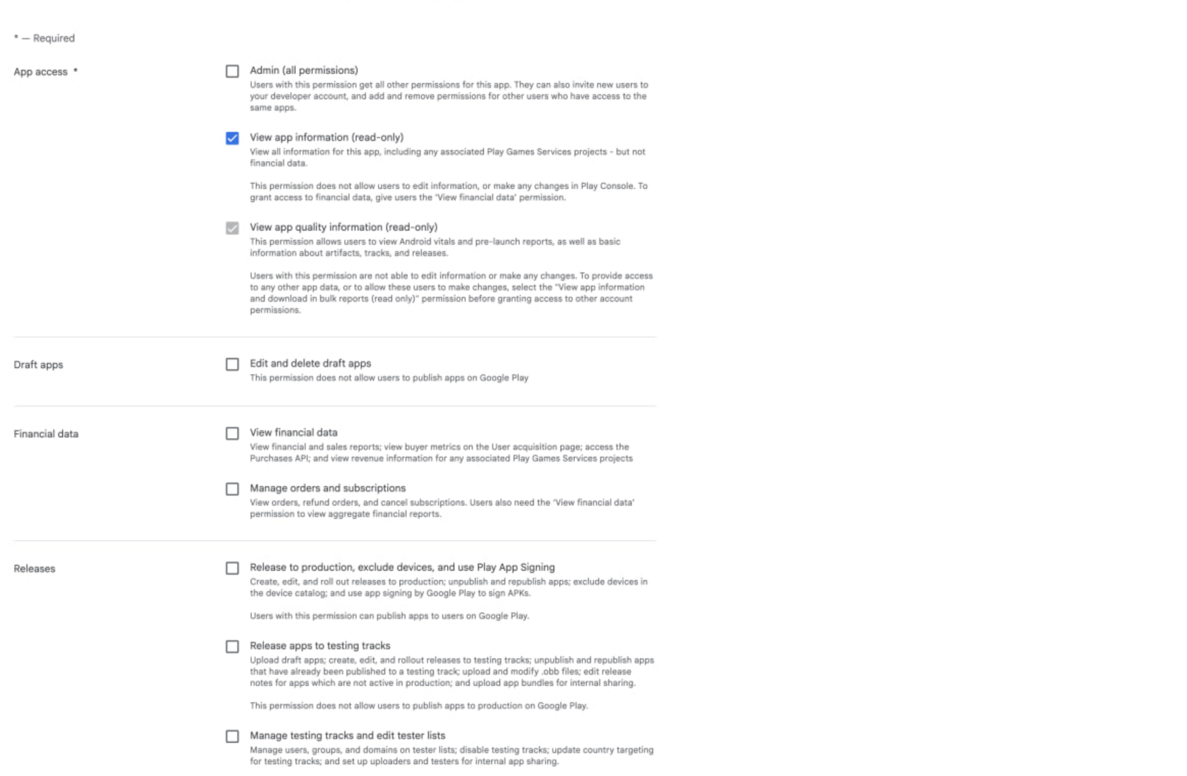 Экран прав приложения в Google Play Console