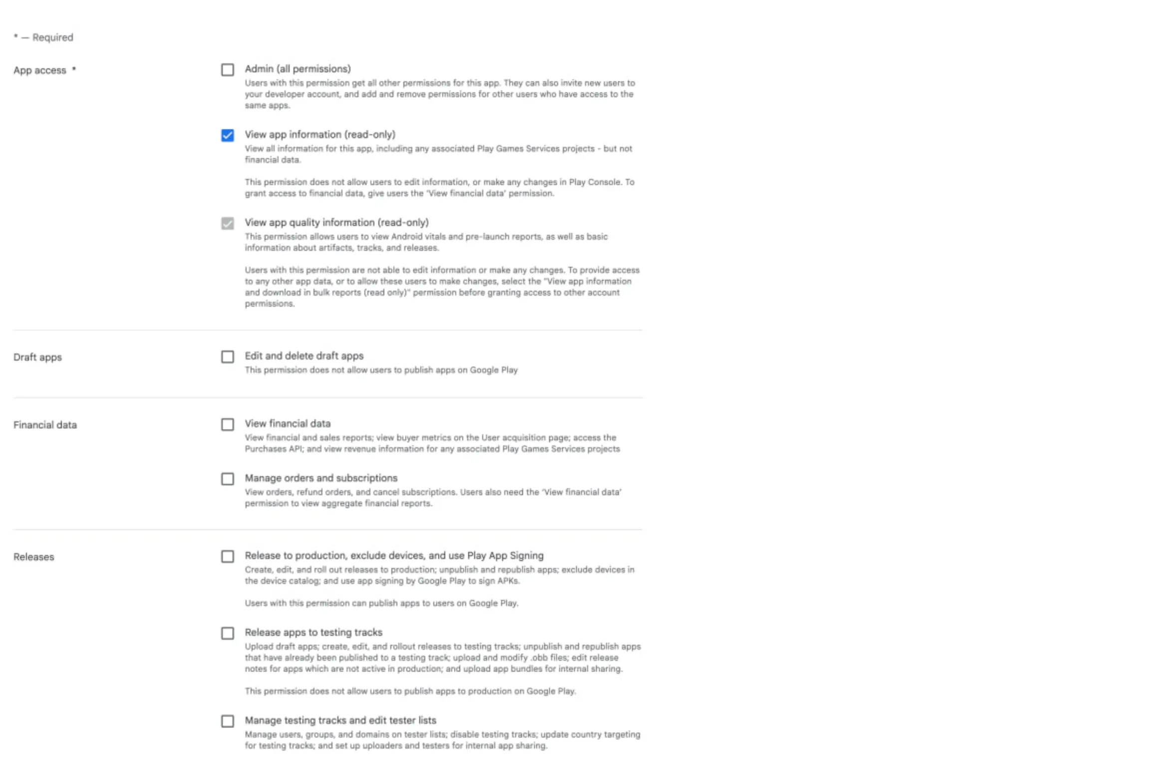 Экран прав приложения в Google Play Console
