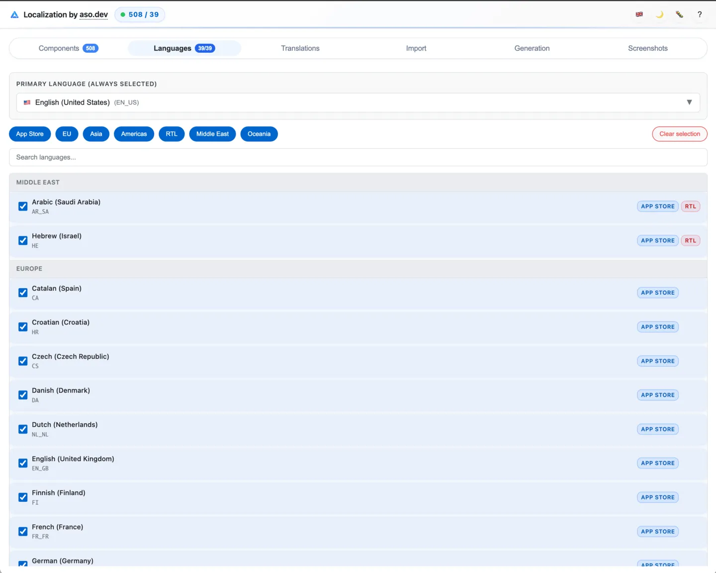 Languages Tab