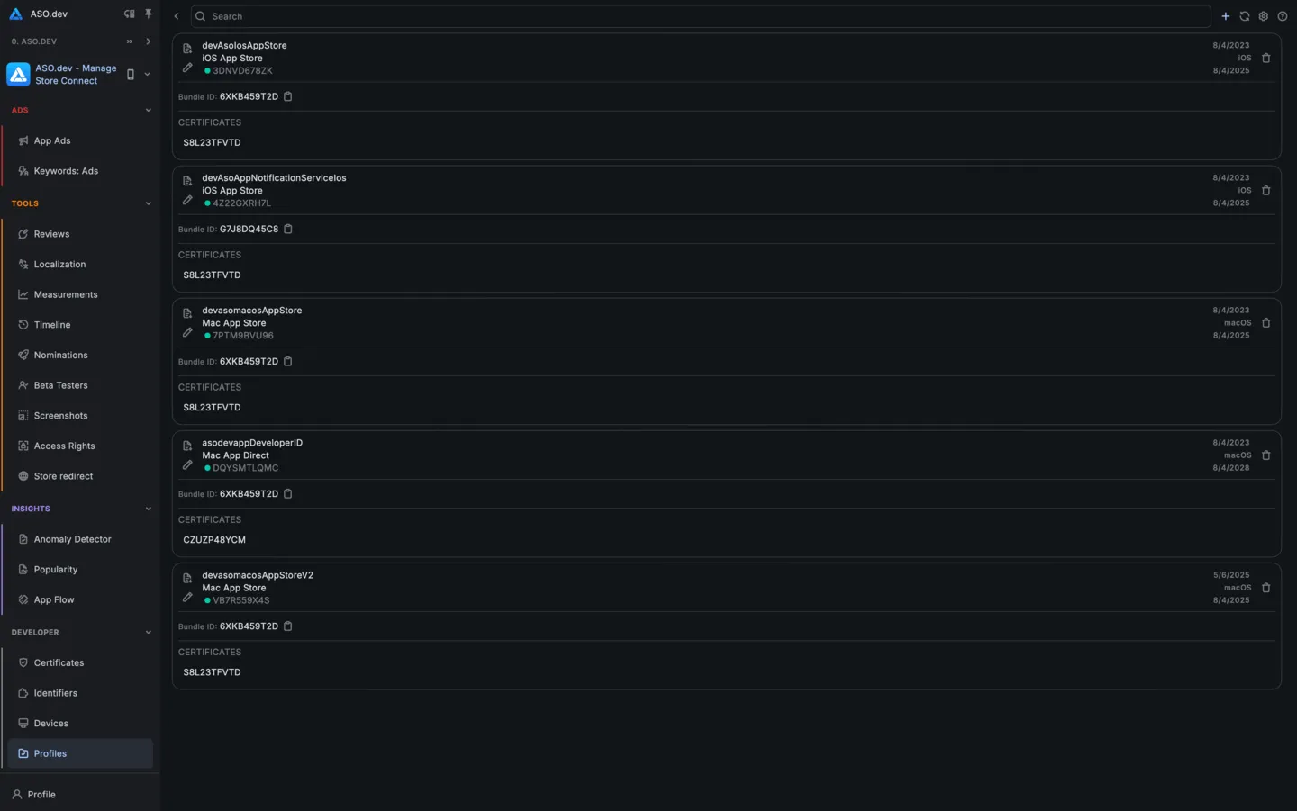 Manage Apple Profiles via ASO.dev
