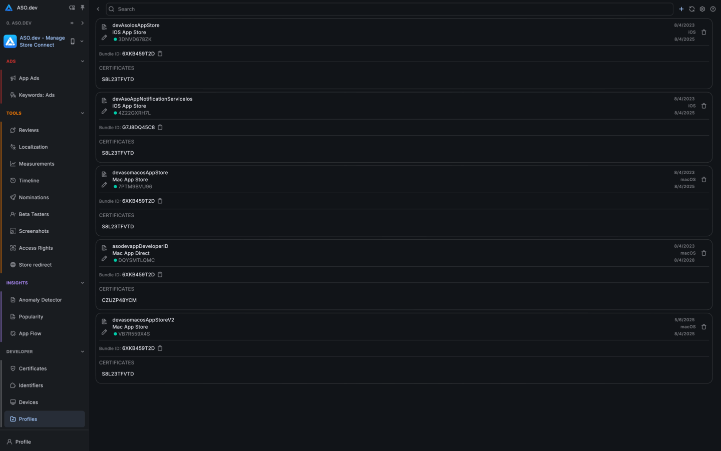 Manage Apple Profiles via ASO.dev