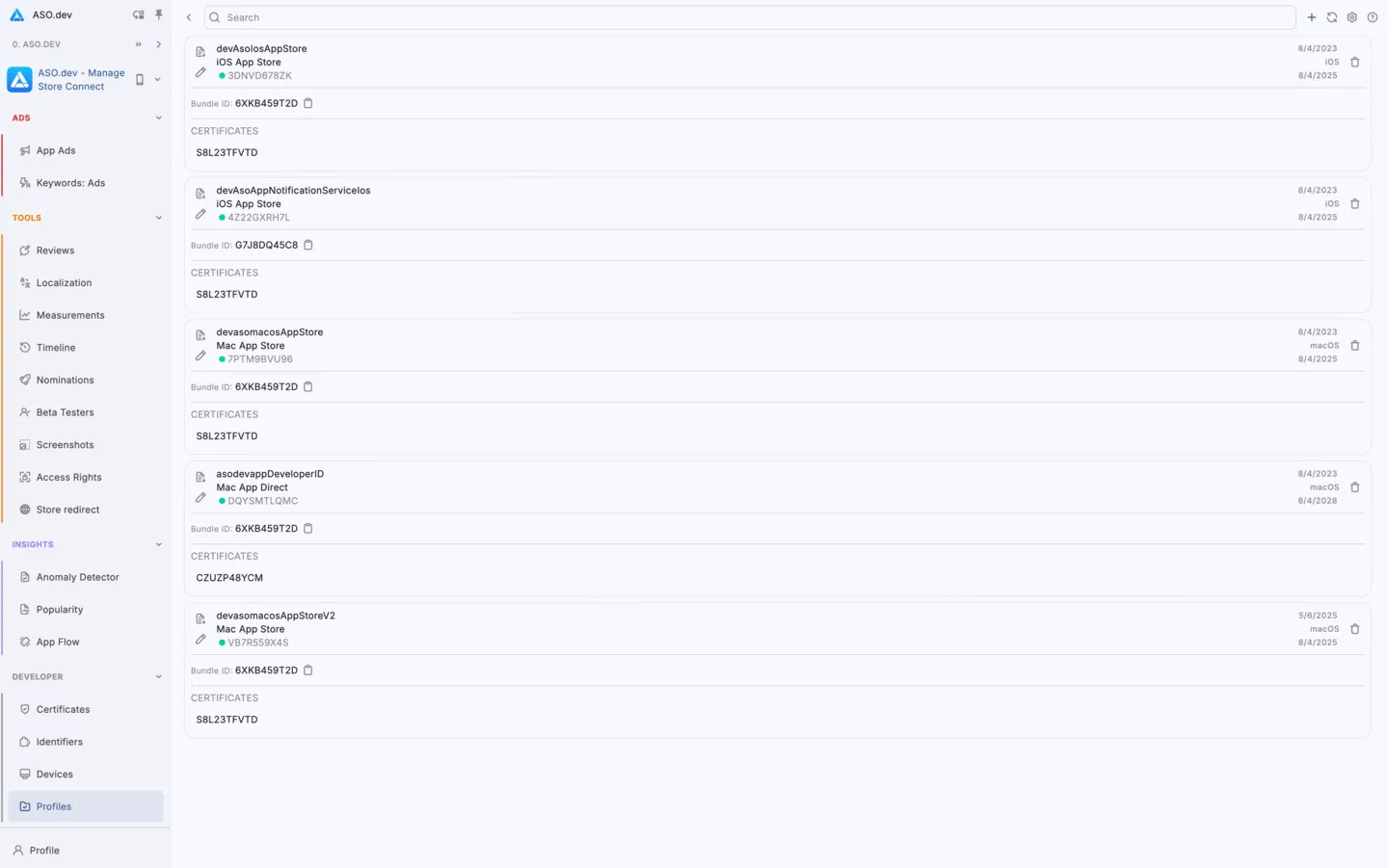 Manage Apple Profiles via ASO.dev