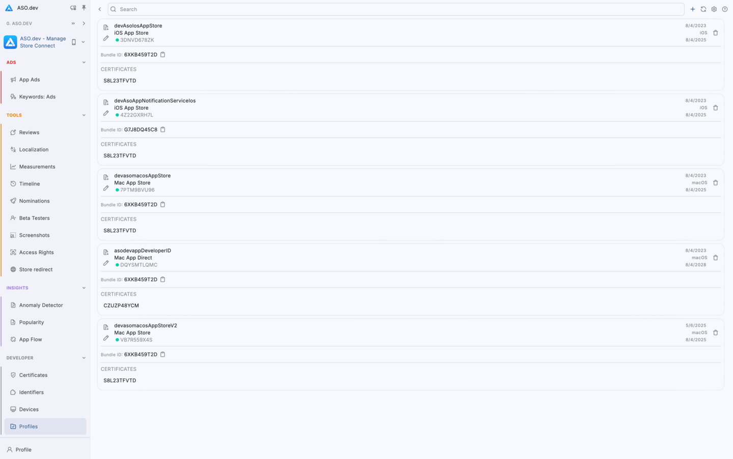 Manage Apple Profiles via ASO.dev