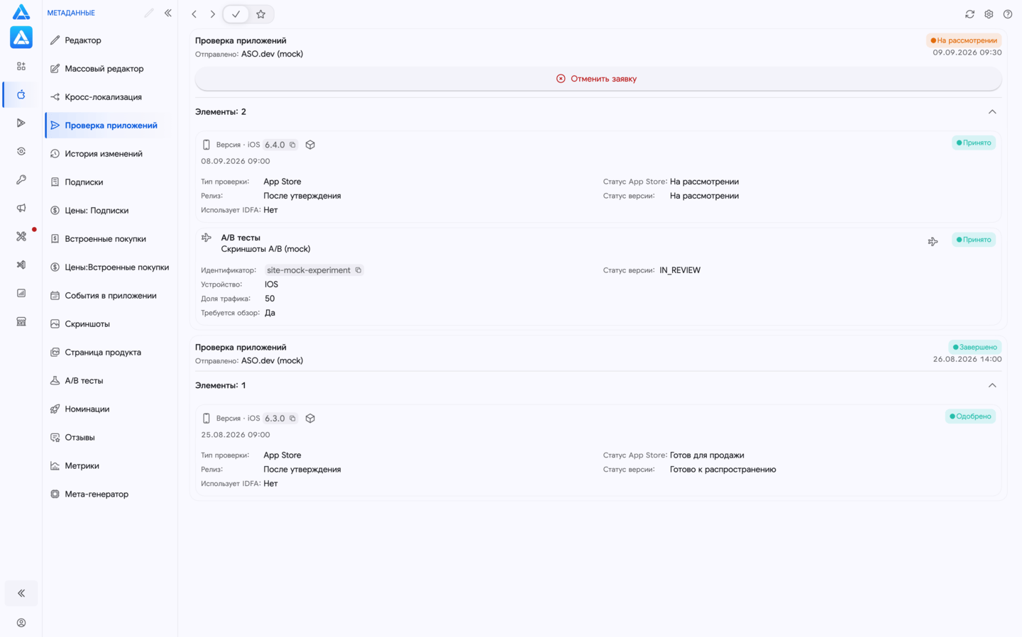 История отправок на ревью