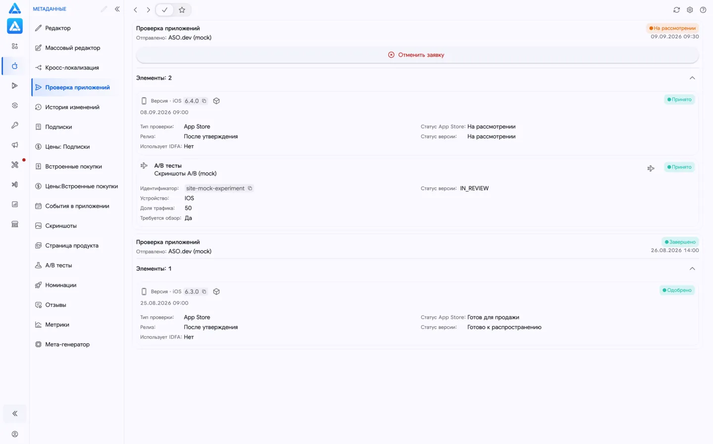 История отправок на ревью
