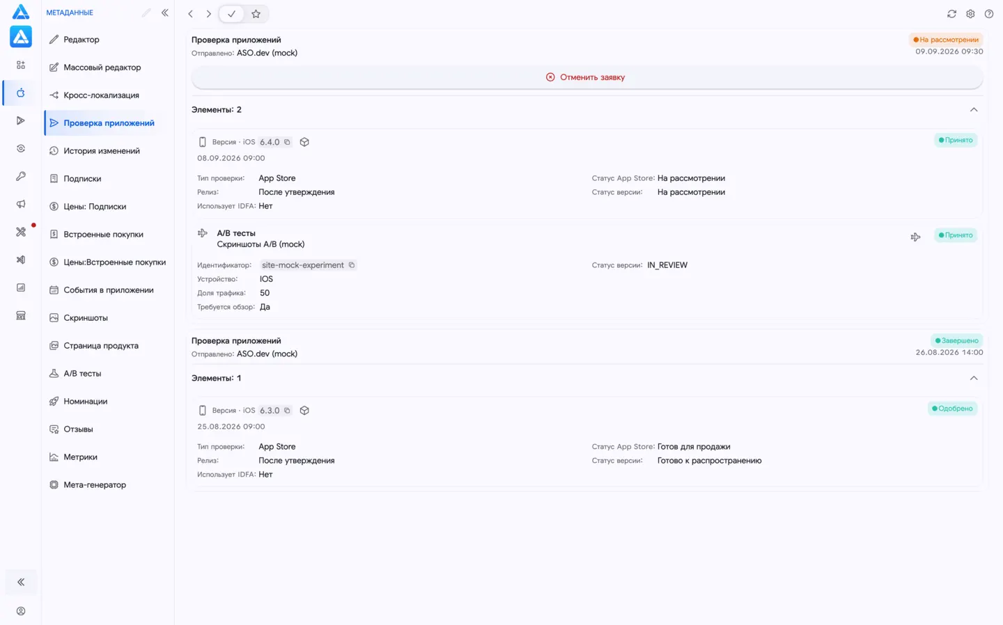 История отправок на ревью