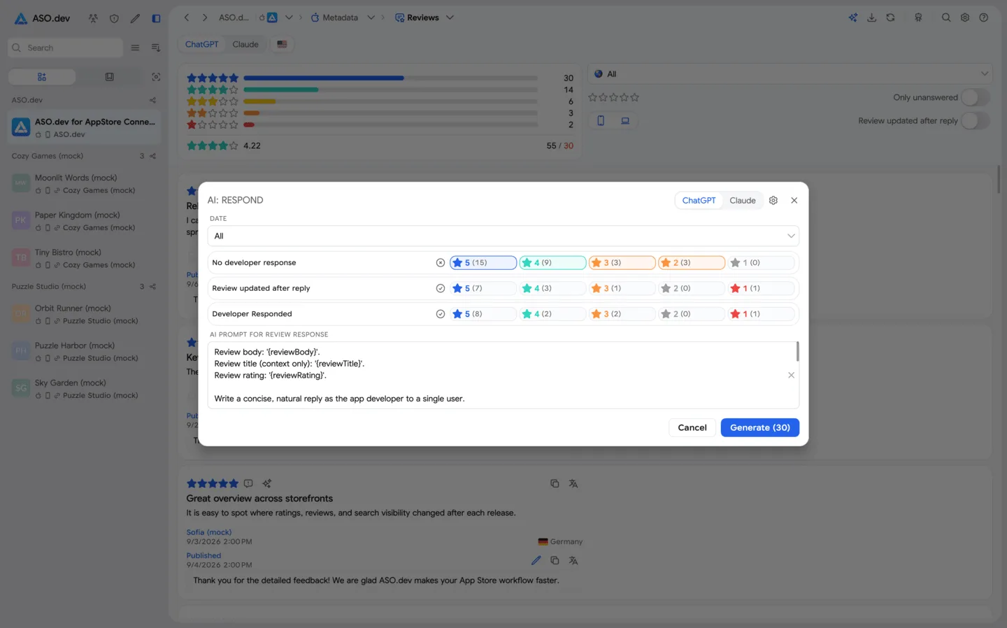 Unlimited AI-powered review replies in ASO.dev