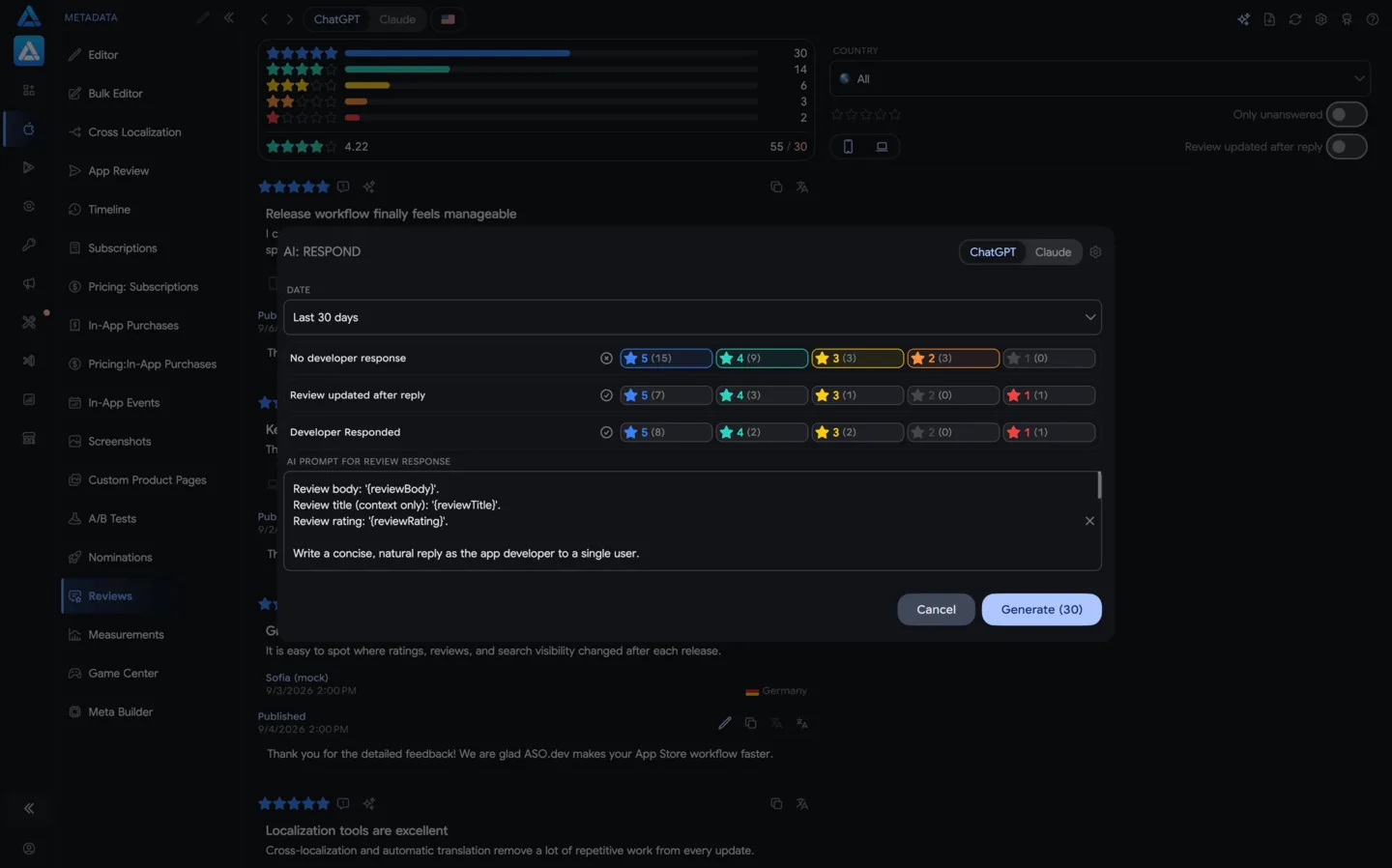 Unlimited AI replies to Google Play reviews in ASO.dev
