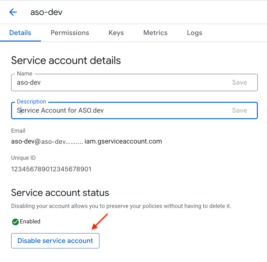 Disabling the service account