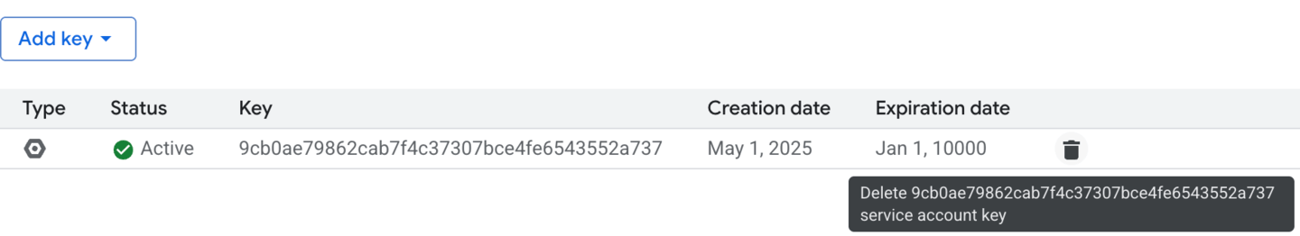 Deleting the service account key