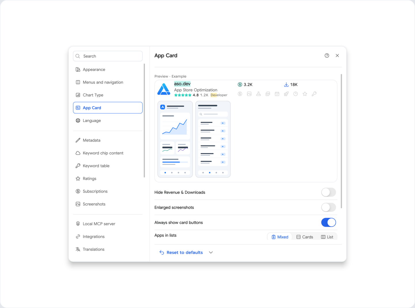 Settings: Applications cards