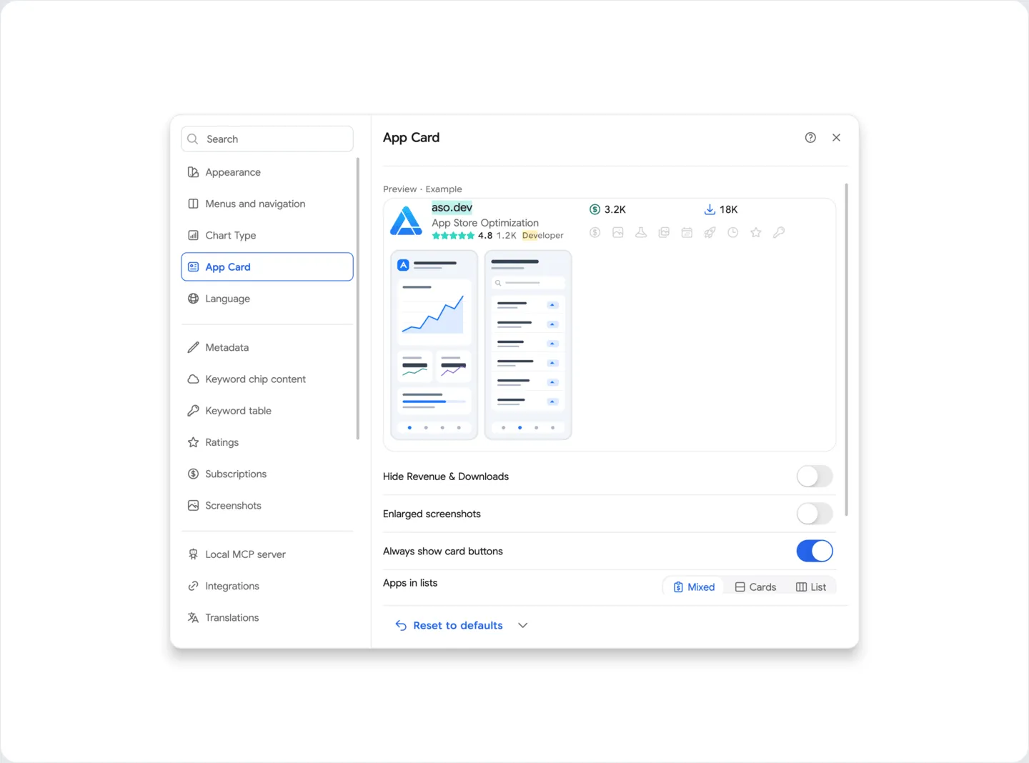 Settings: Applications cards