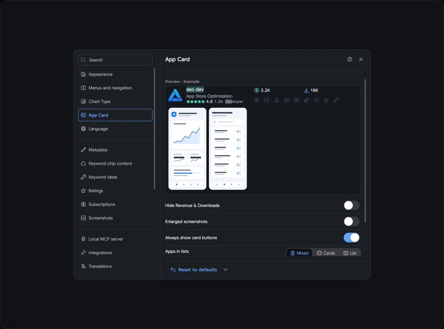Settings: Applications cards