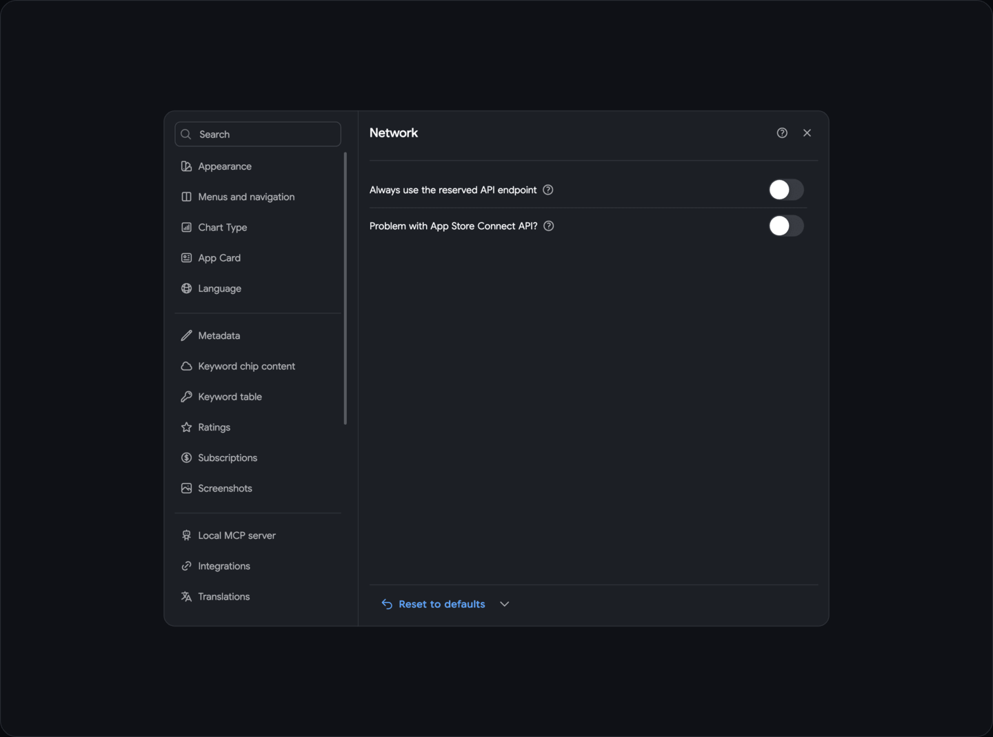 Settings: App Store Connect