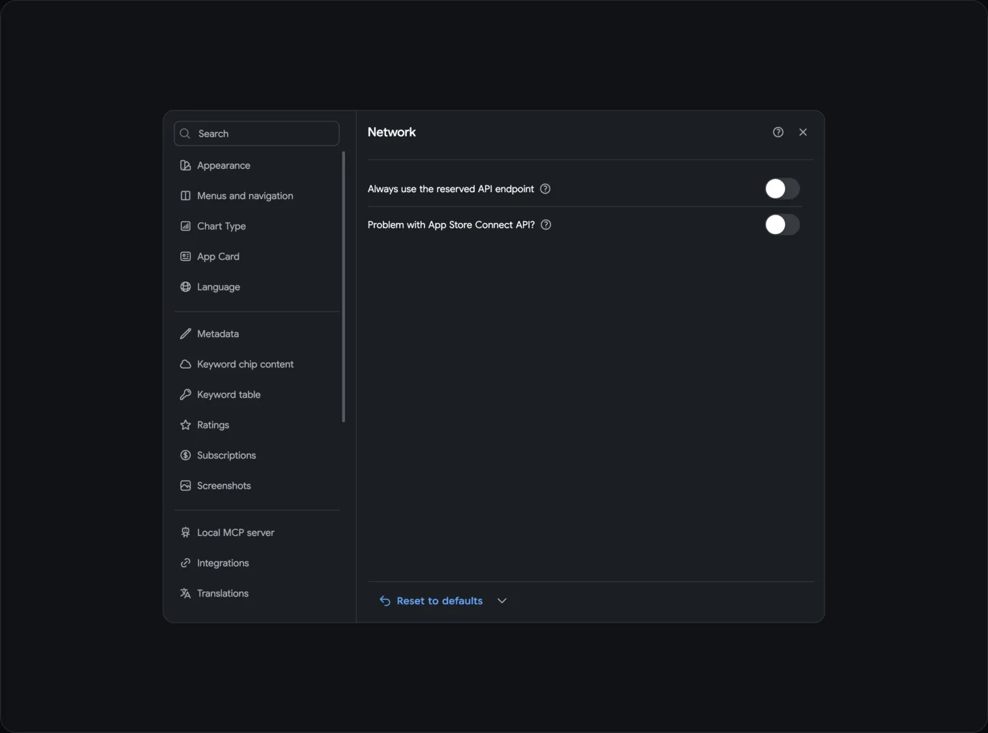 Settings: App Store Connect