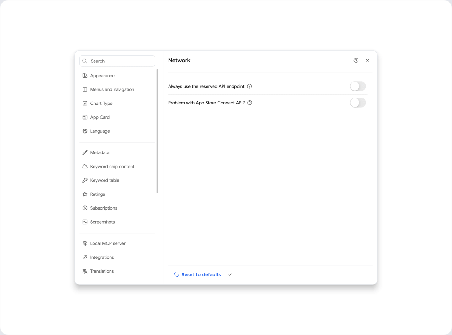 Settings: App Store Connect