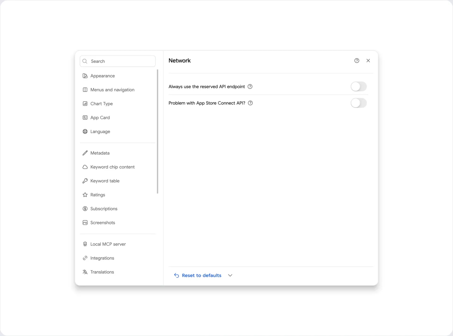 Settings: App Store Connect