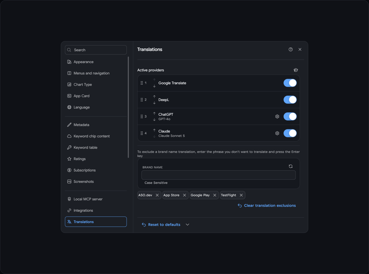 Translation exclusions settings
