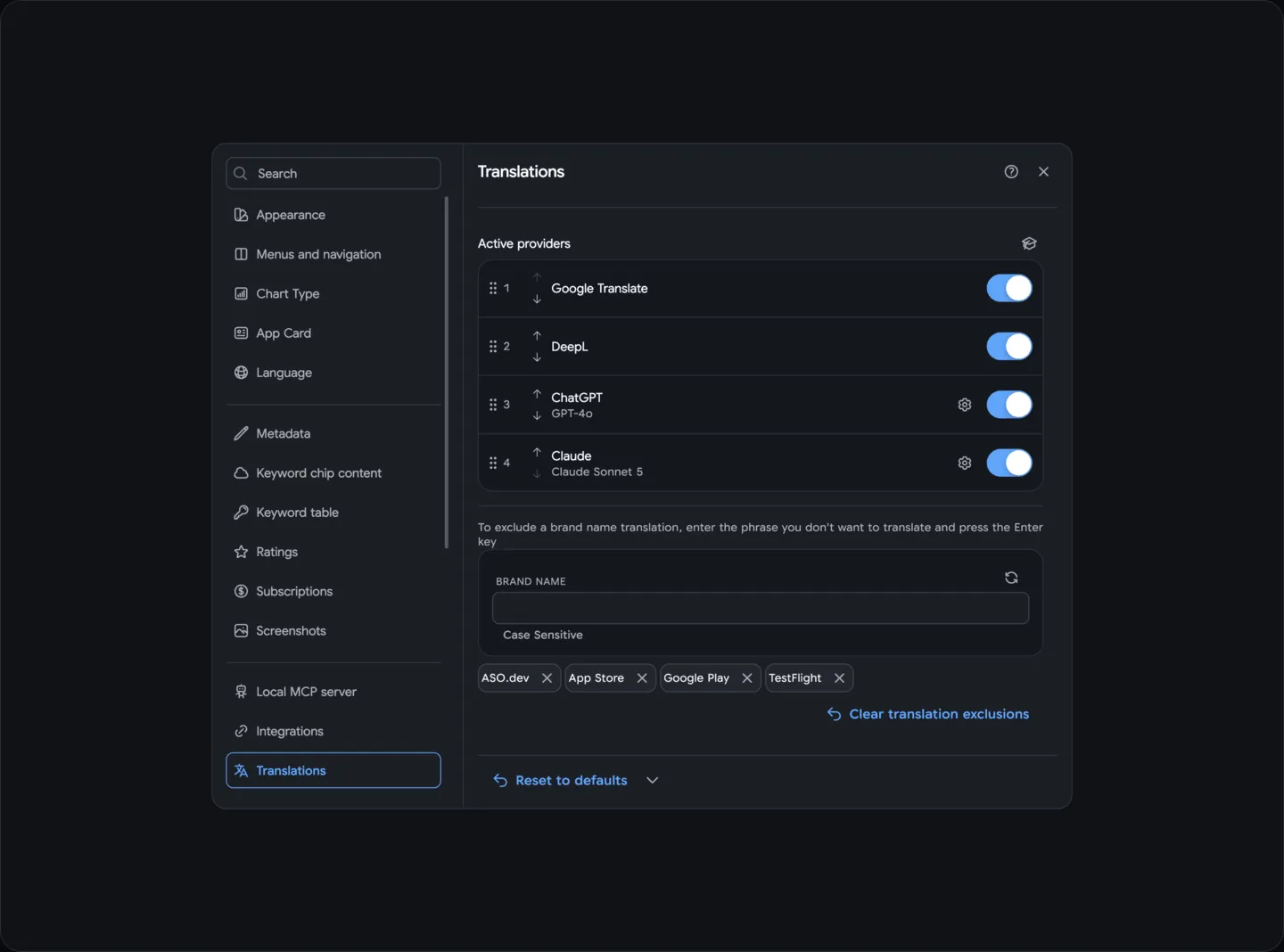 Translation exclusions settings