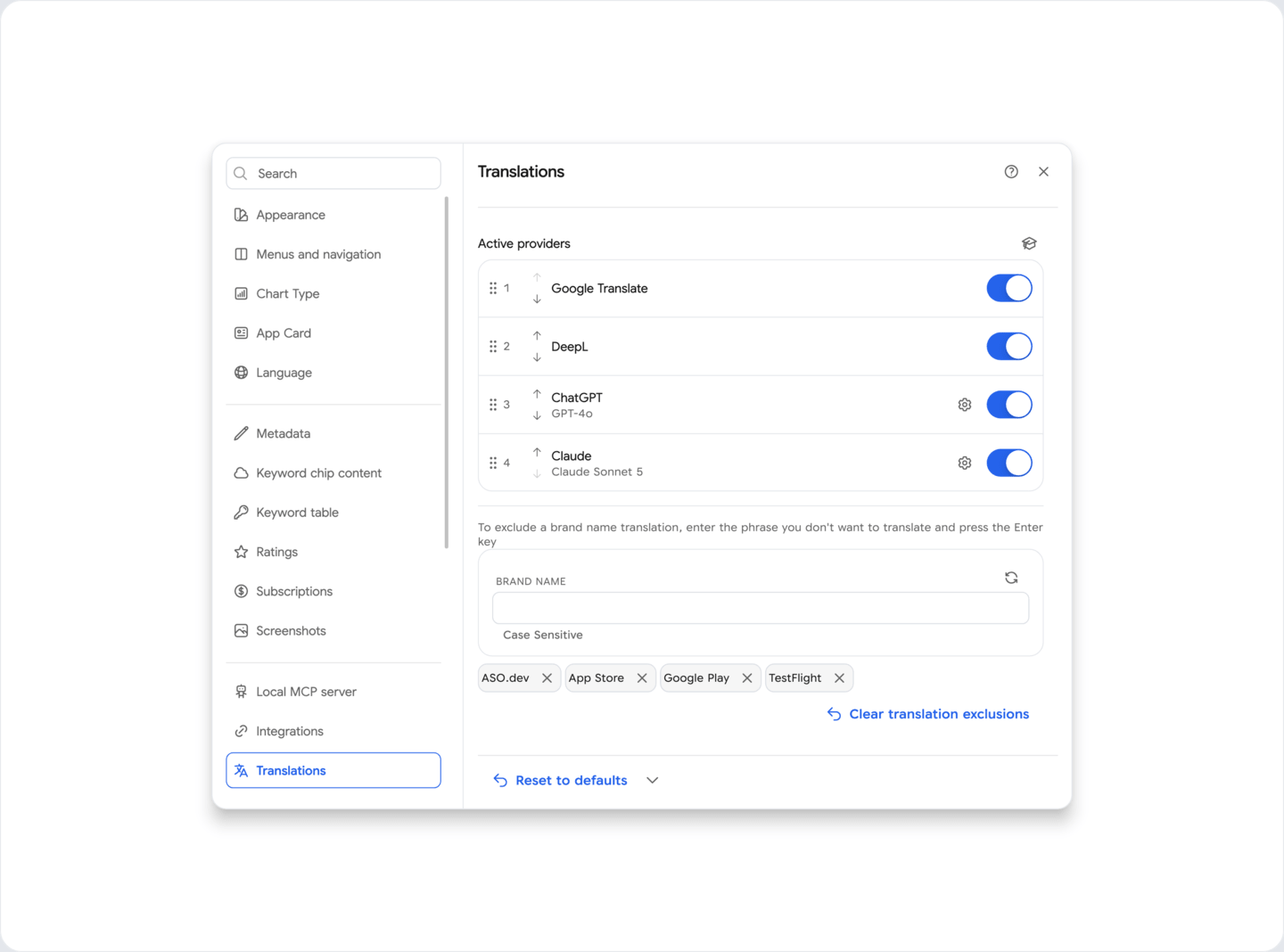 Translation exclusions settings