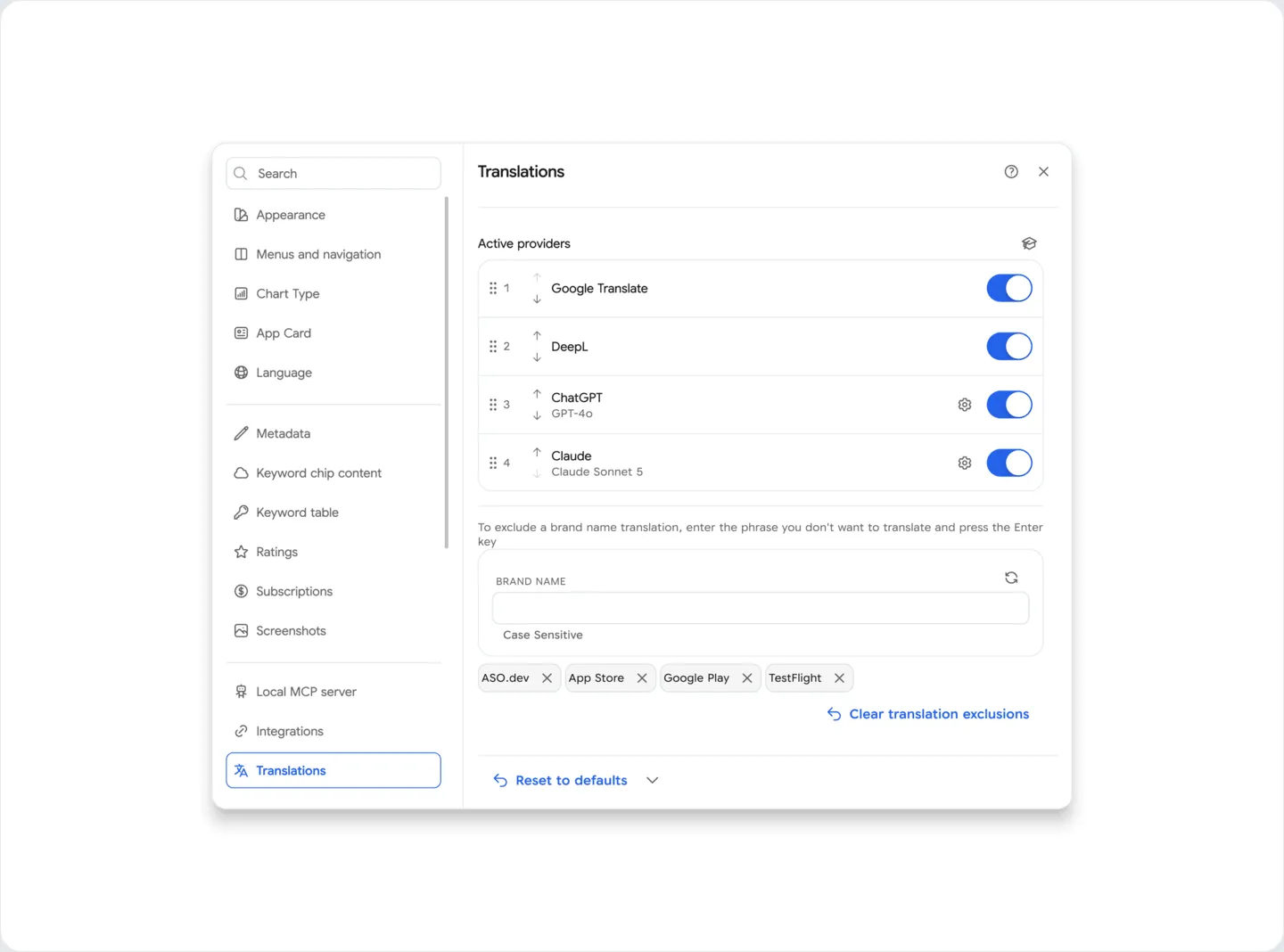 Translation exclusions settings
