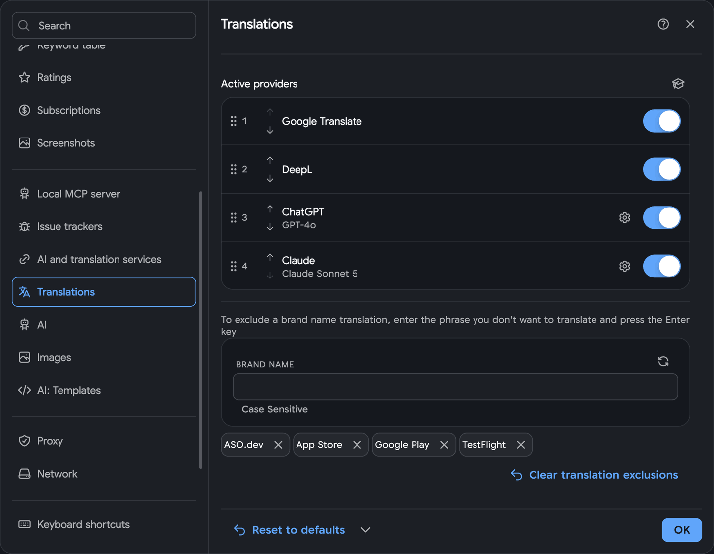 Translation exclusions settings