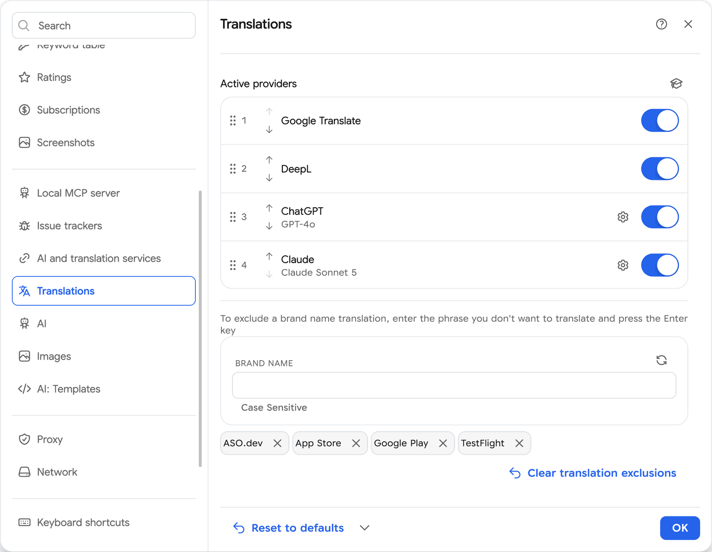 Translation exclusions settings